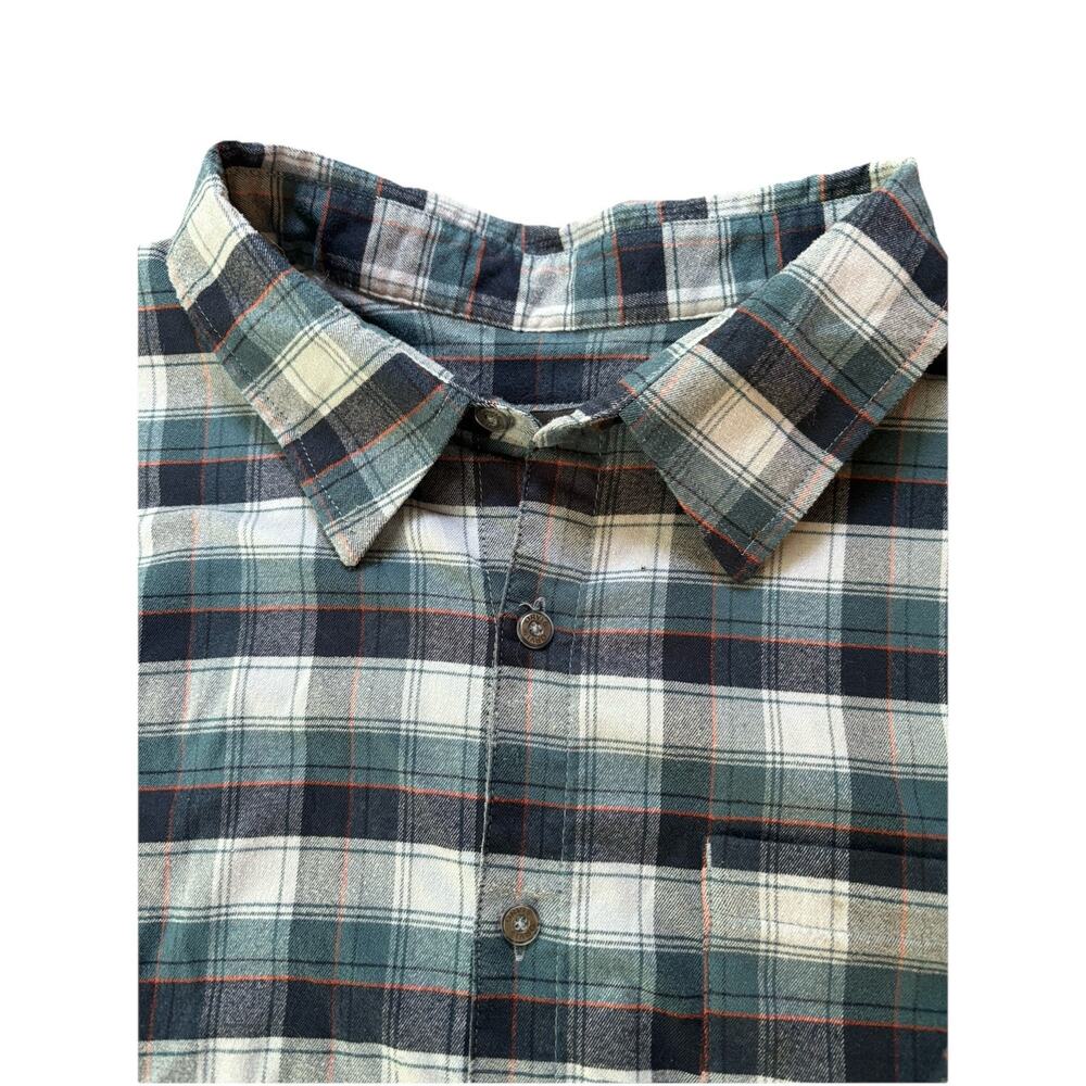 Orvis Plaid Flannel Shirt Mens XXL 2XL Blue Green Button Up Workwear Stretchy